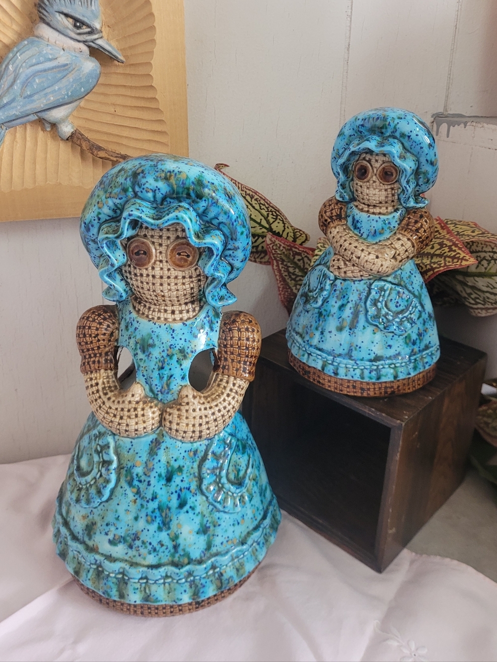 Vintage Burlap Doll Utensil And Sponge Holder Set Of 2 Blue Dress Button Eyes